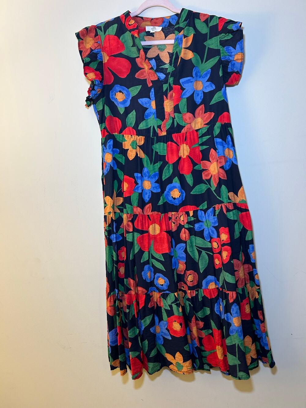 Entro Multicolor Floral Tiered Midi Dress Flutter Sleeve Size M